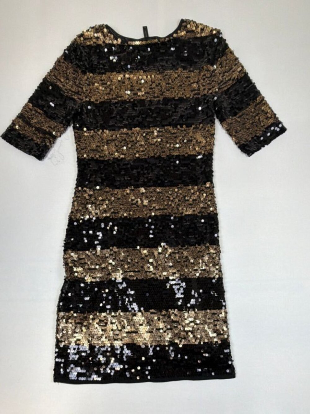 BCBGMAXAZRIA Women Medium Black Gold Sequin Striped Short Sleeve Mini Dress - Picture 4 of 6